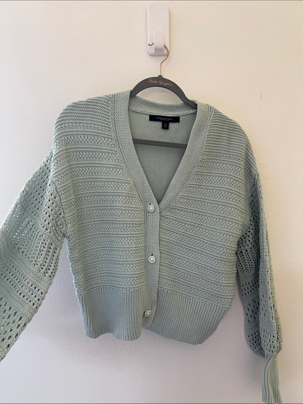 Marc New York Light Sage Crochet-Style V-Neck Button Cardigan